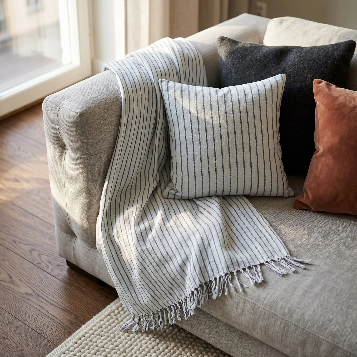 Mantas - Rumi stripe cotton throw (azul claro/azul marino/crema)