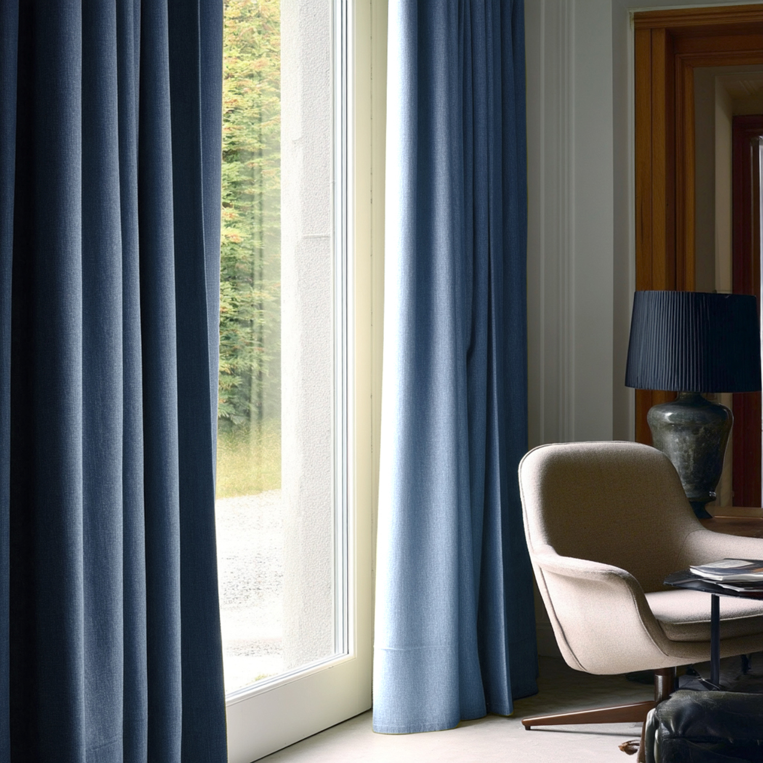 Cortina De Lino Azul Degradado - 200x245 Cm, Con Ojales, Para Salón O Dormitorio