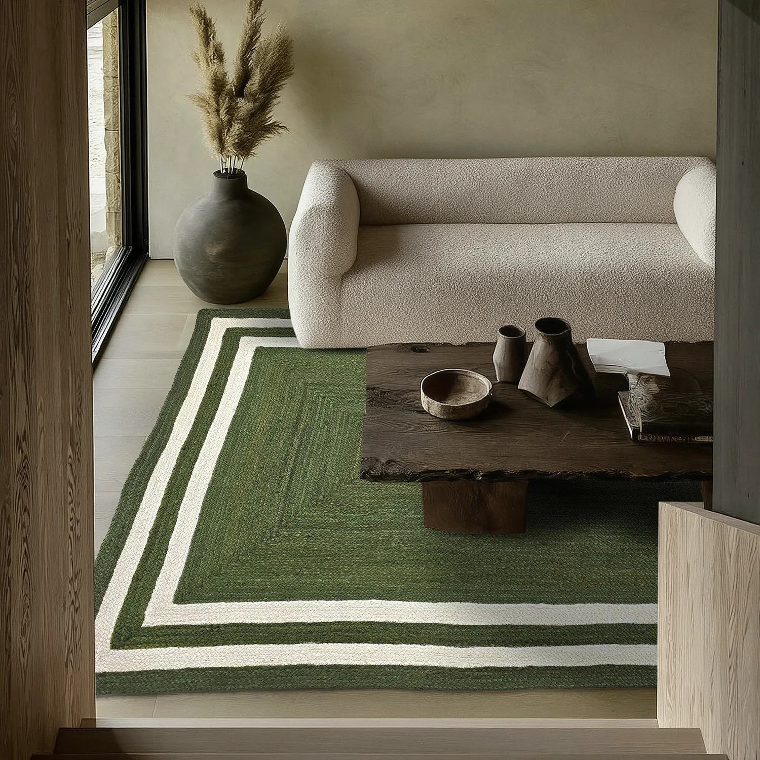 Alfombra de yute - Jessore (verde militar/blanco)