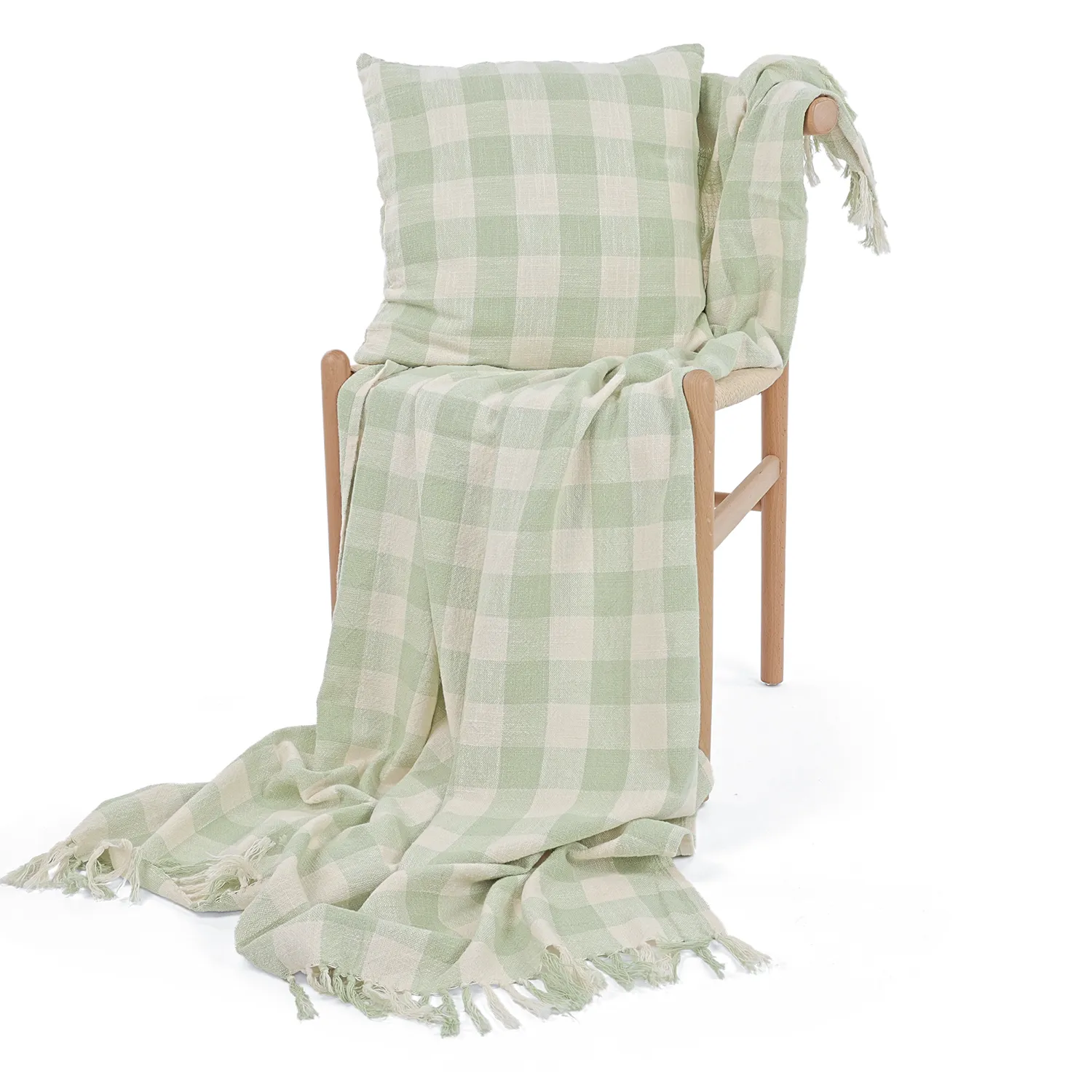 Funda de almohada - Isela check cotton cushion cover (crema/verde claro)