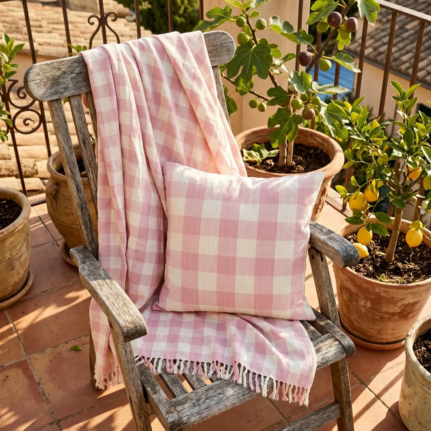 Funda de almohada - Isela check cotton cushion cover (crema/rosa)