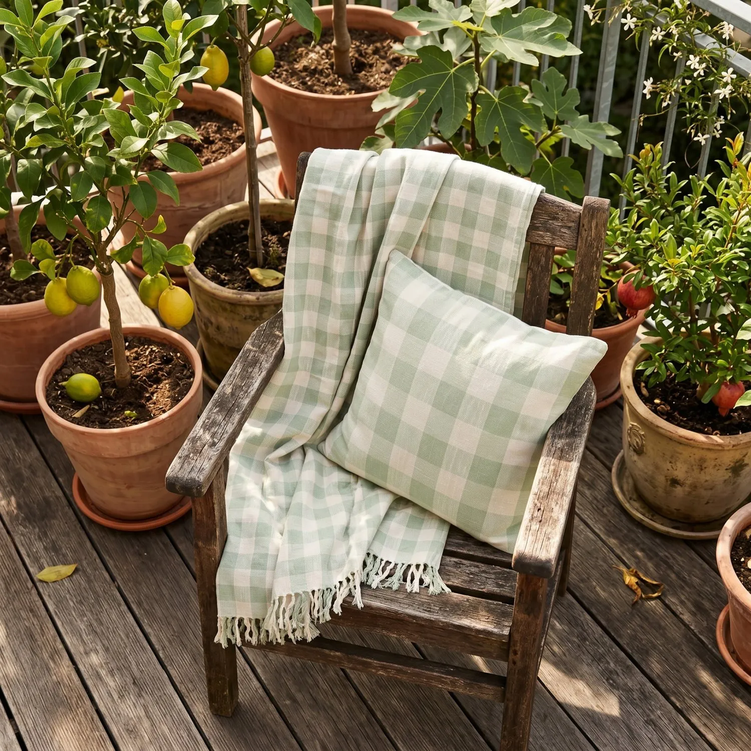 Mantas - Isela check cotton throw (crema/verde claro)
