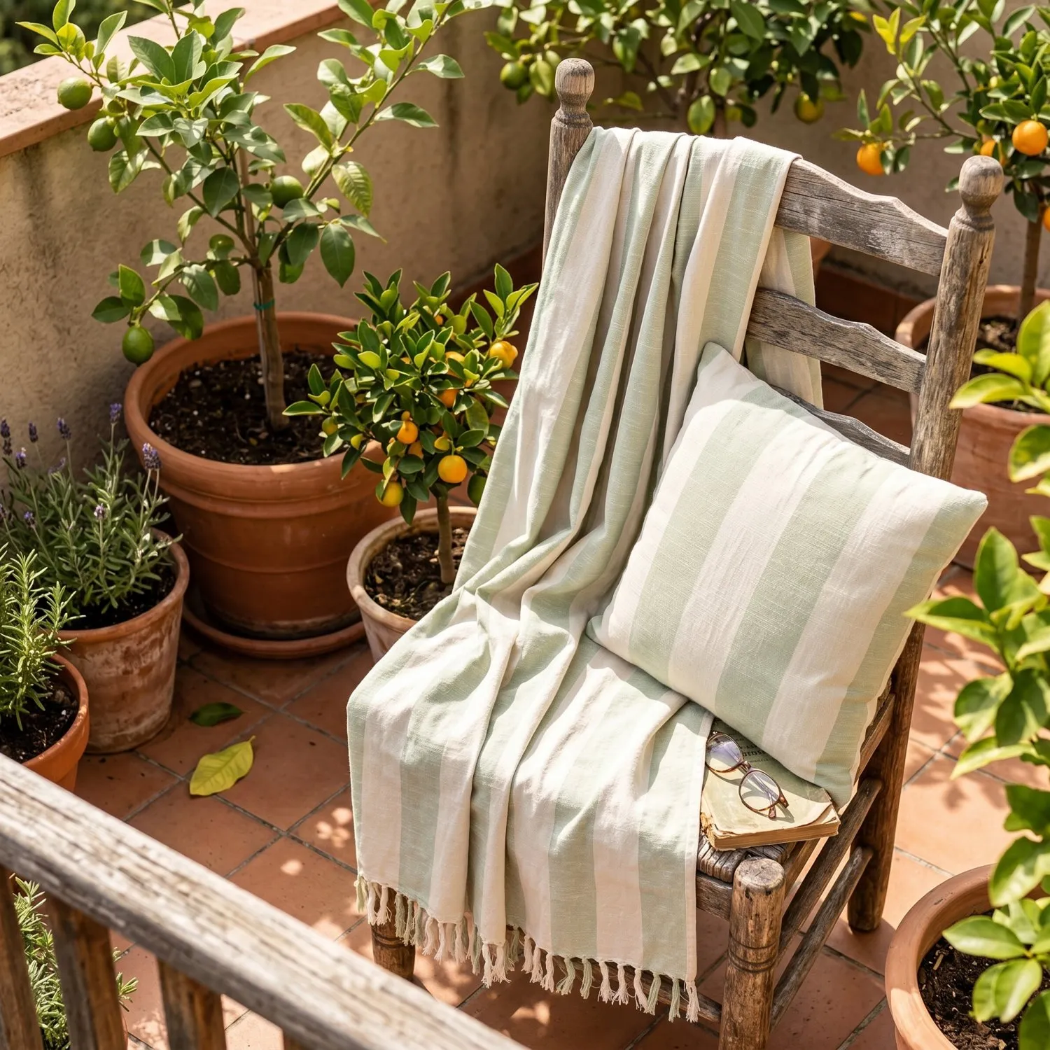Mantas - Kora stripe cotton throw (crema/verde claro)