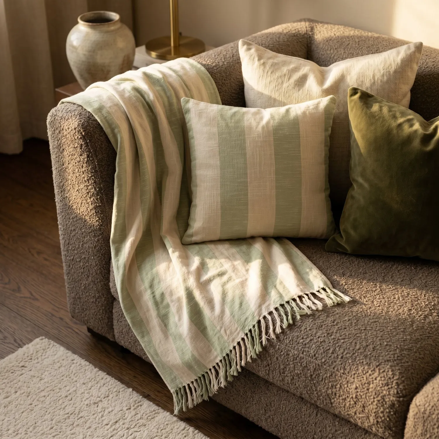 Mantas - Kora stripe cotton throw (crema/verde claro)