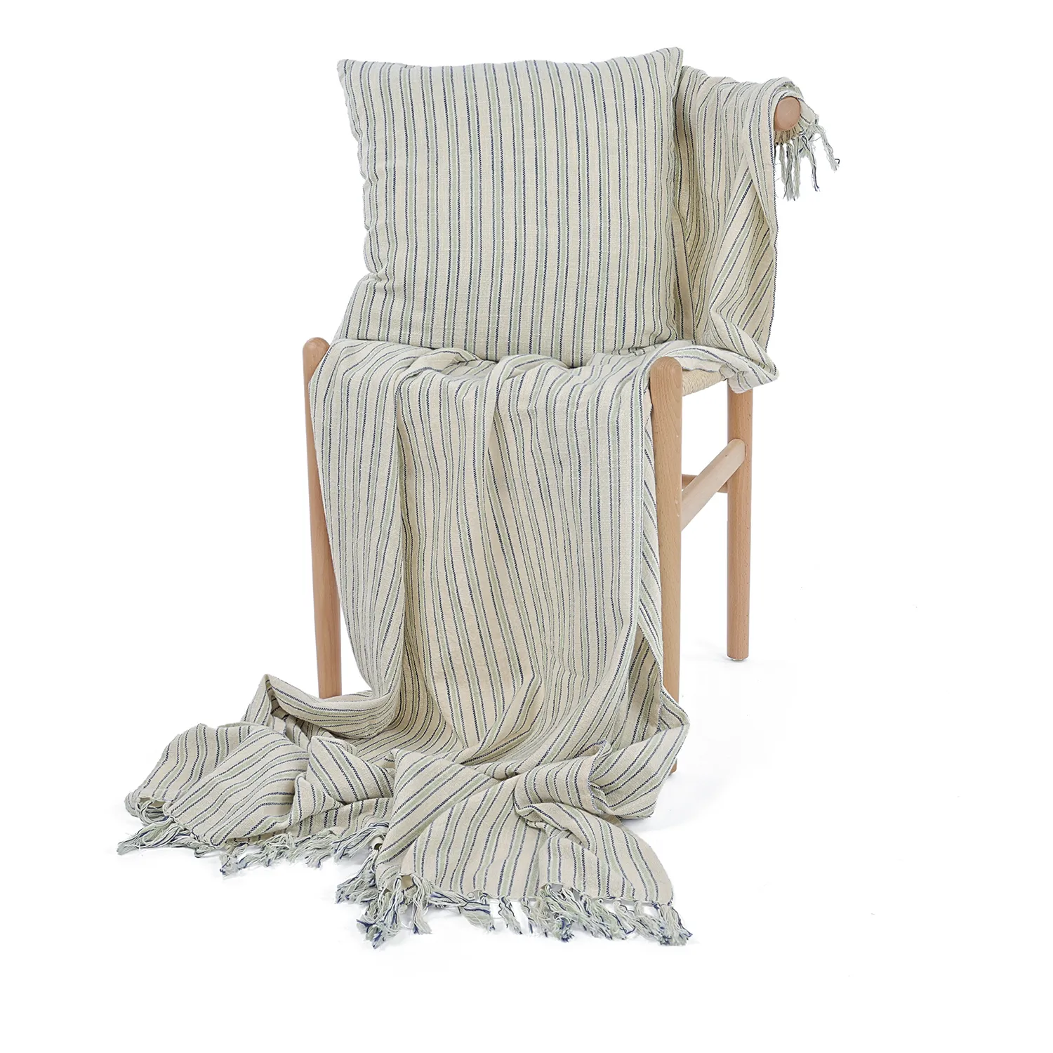 Mantas - Rumi stripe cotton throw (crema/azul marino/verde claro)
