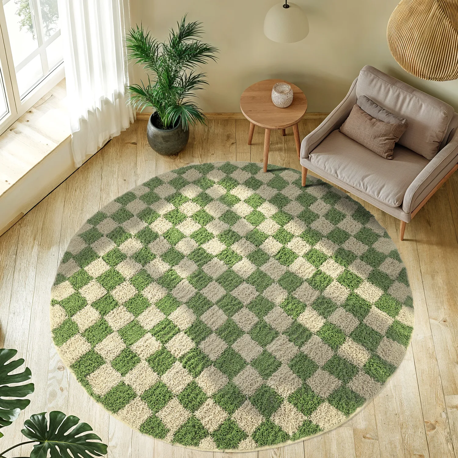 Alfombras redondeadas - Elsey Natural Cotton Shaggy (verde/beige)