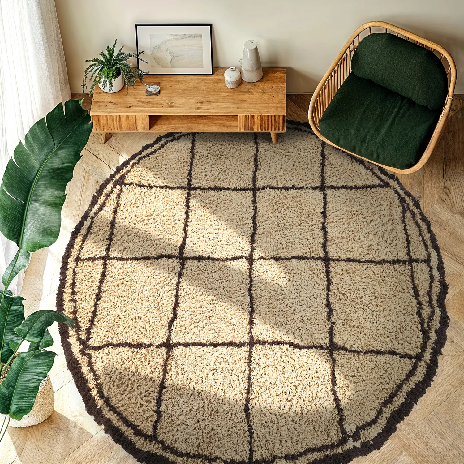 Alfombras redondeadas - Lana Natural Cotton Shaggy (beige/marrón)