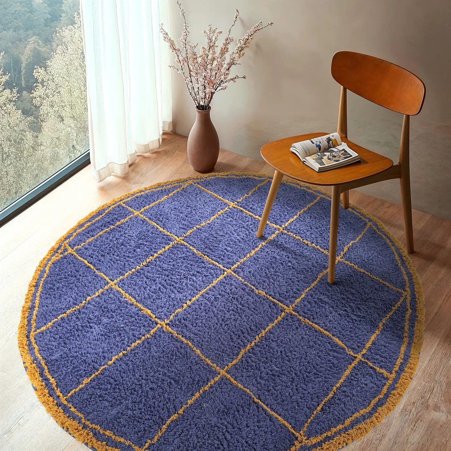 Alfombras redondeadas - Lana Natural Cotton Shaggy (azul/amarillo)