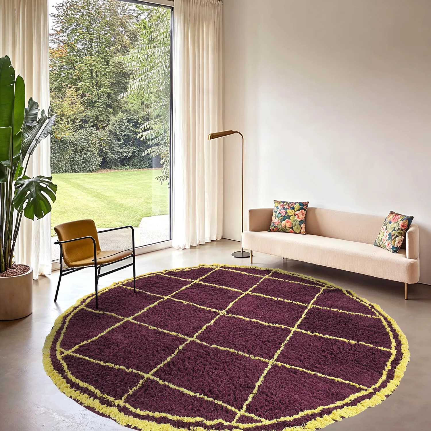 Alfombras redondeadas - Lana Natural Cotton Shaggy (burdeos/amarillo)