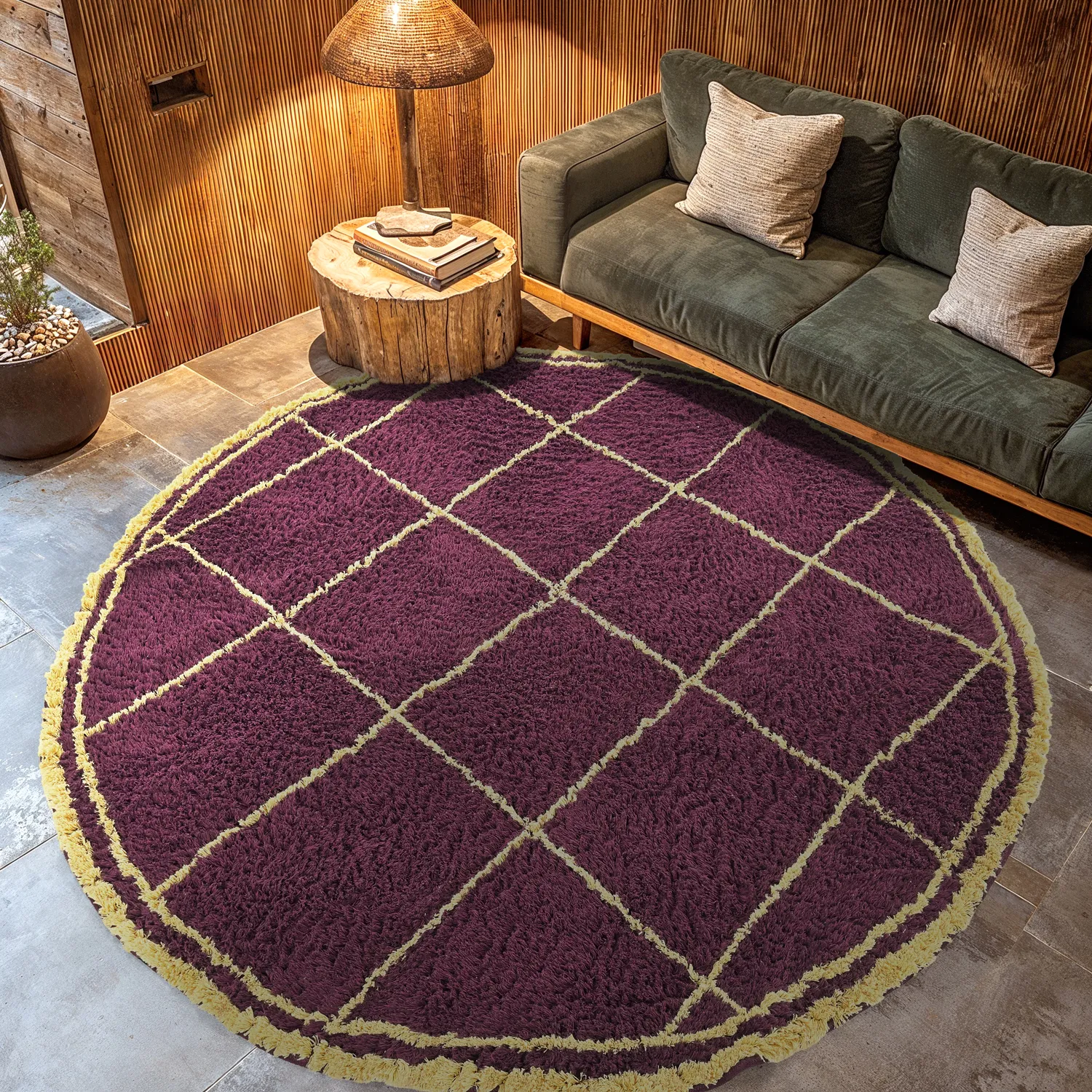 Alfombras redondeadas - Lana Natural Cotton Shaggy (burdeos/amarillo)
