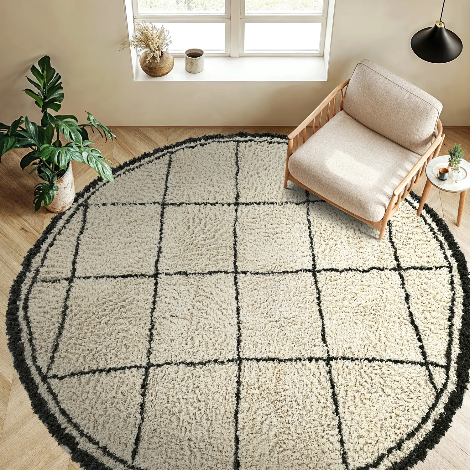 Alfombras redondeadas - Lana Natural Cotton Shaggy (crema/gris oscuro)