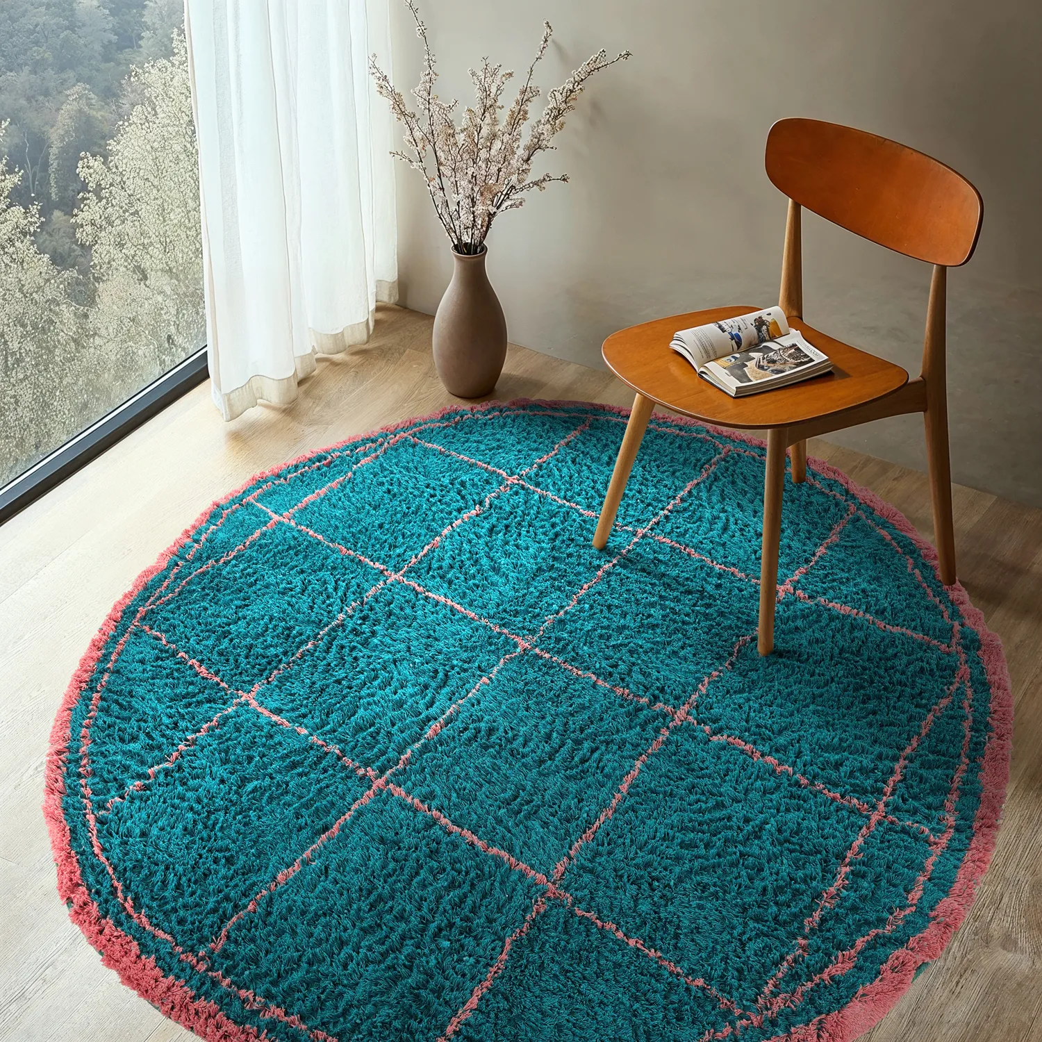 Alfombras redondeadas - Lana Natural Cotton Shaggy (turquesa/rosa)