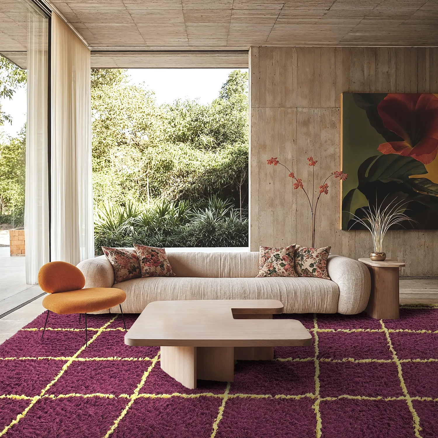 Alfombras de pelo largo - Lana Natural Cotton Shaggy (burdeos/amarillo)