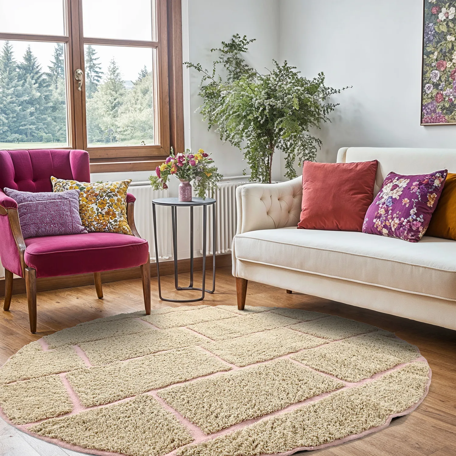 Alfombras redondeadas - Lindley Natural Cotton Shaggy (beige/rosa)
