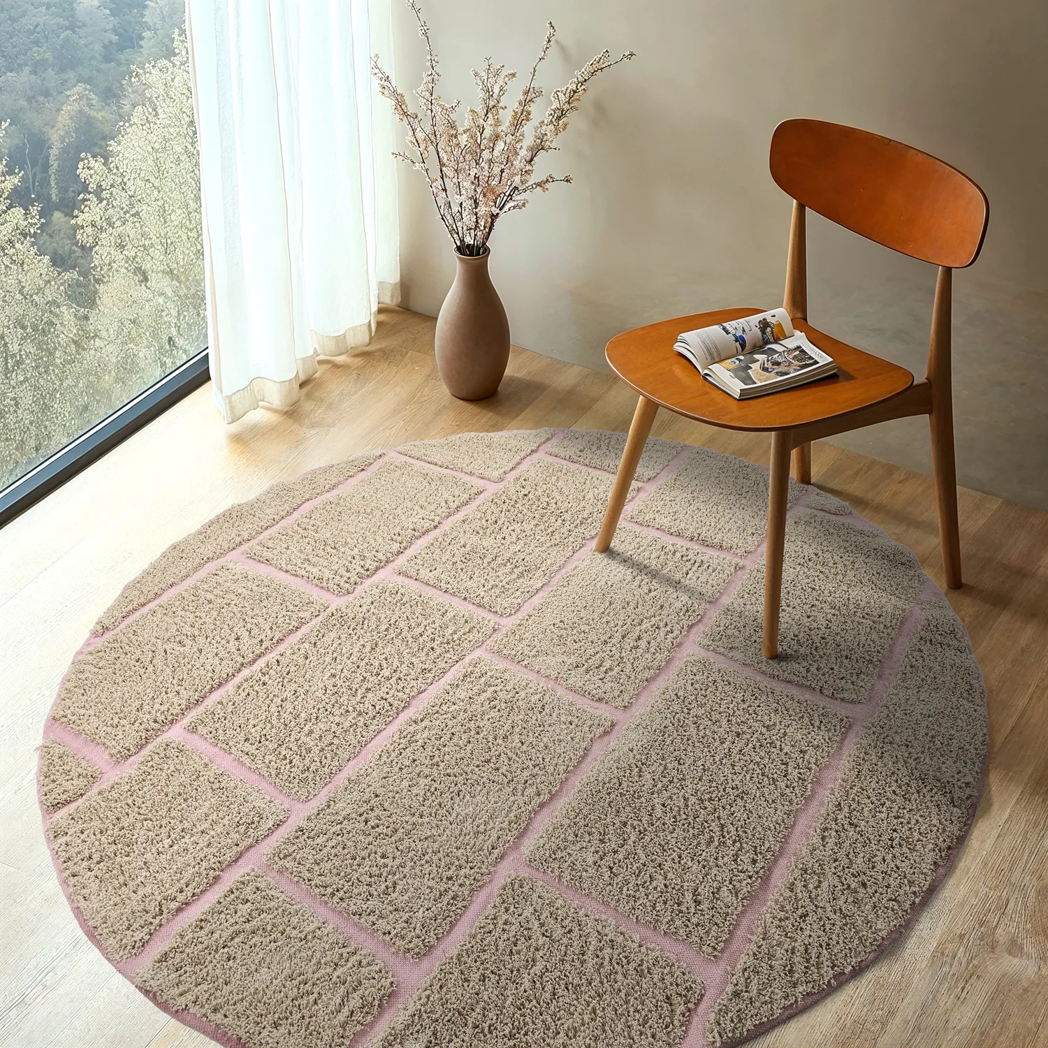 Alfombras redondeadas - Lindley Natural Cotton Shaggy (beige/rosa)
