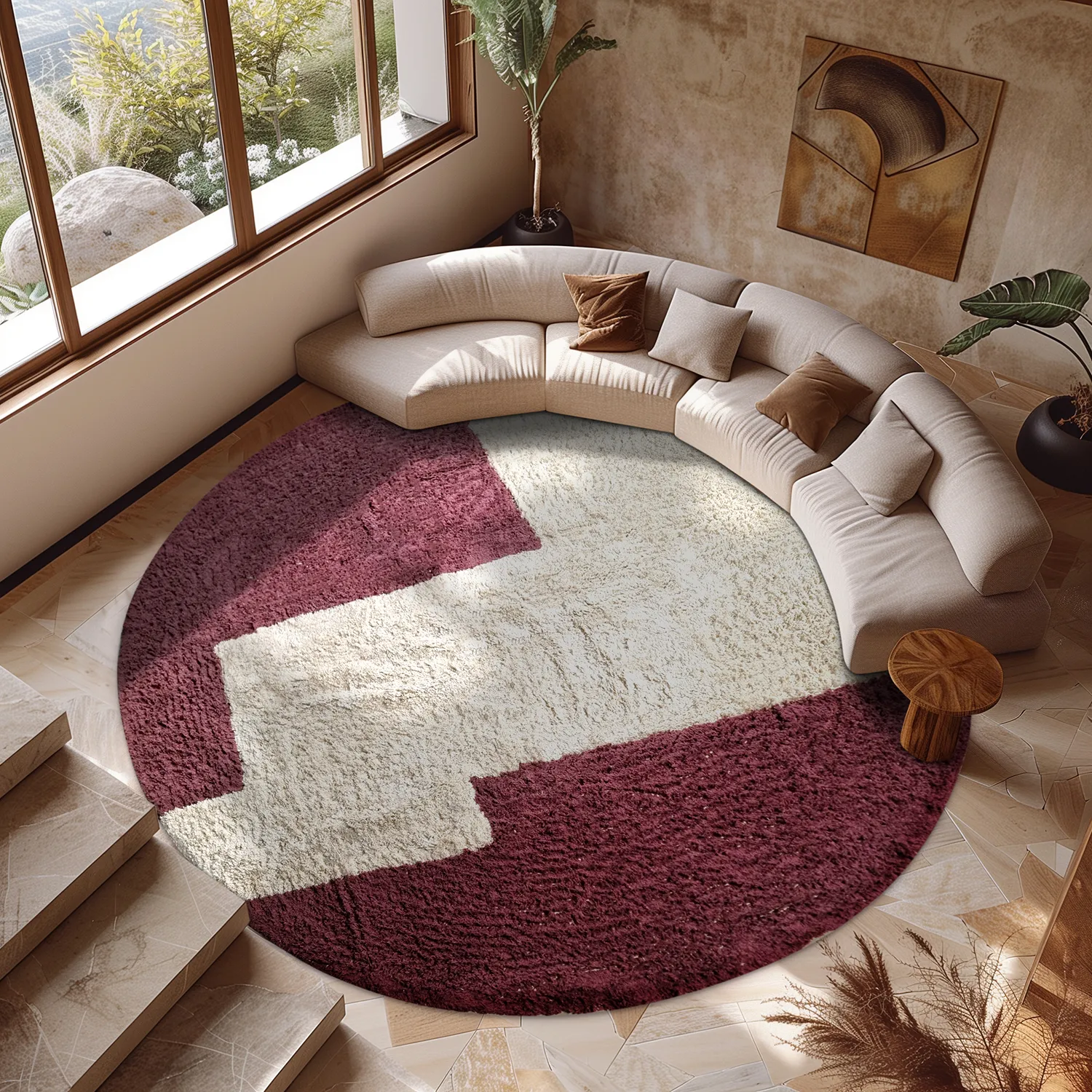 Alfombras redondeadas - Ricco Natural Cotton Shaggy (offwhite/borgoña)