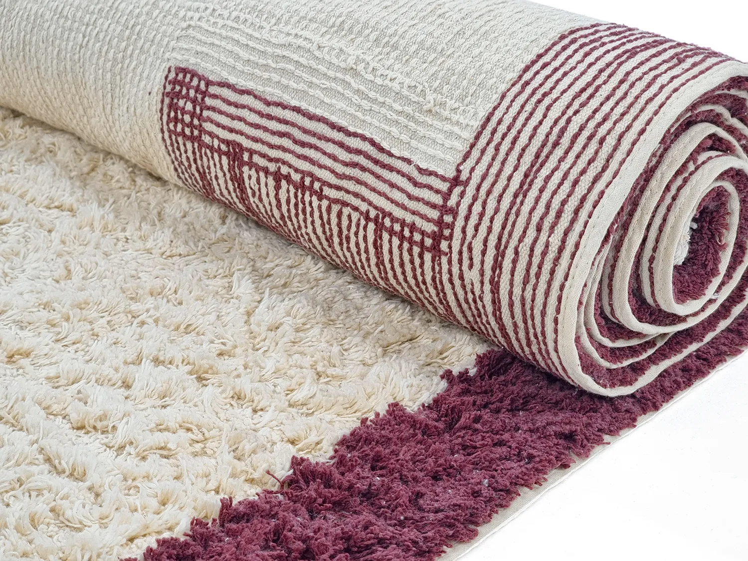 Alfombras redondeadas - Ricco Natural Cotton Shaggy (offwhite/borgoña)