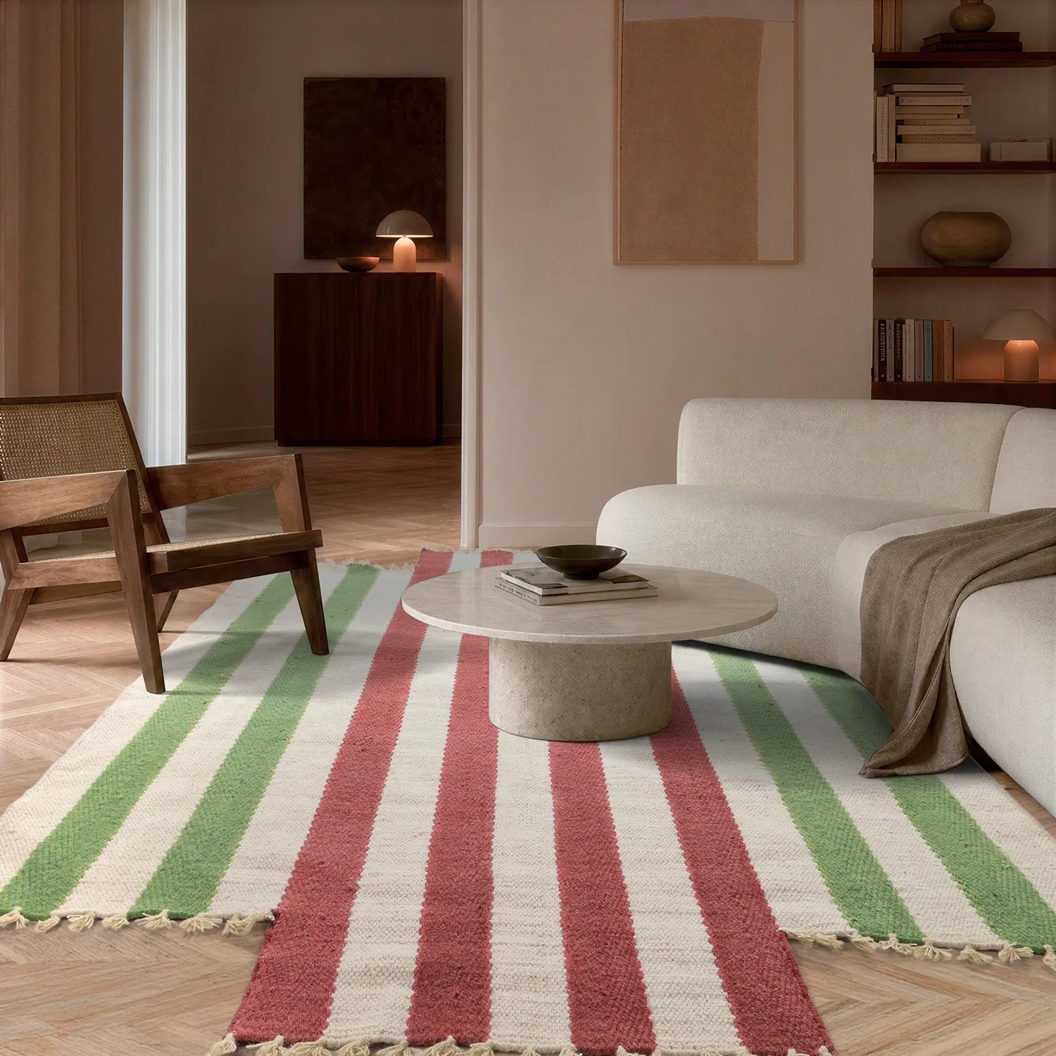 Alfombra de lana irregular - Kystaro (crema/verde/rojo)
