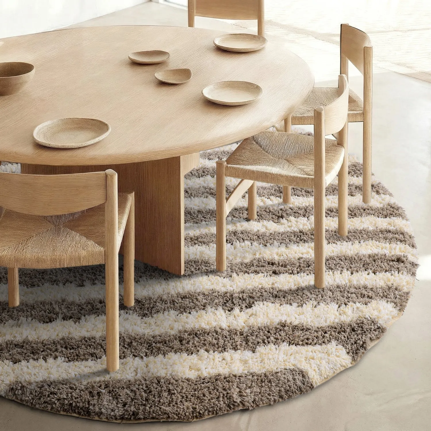 Alfombras redondeadas - Thira Stripe Cotton Shaggy (crema/taupe)
