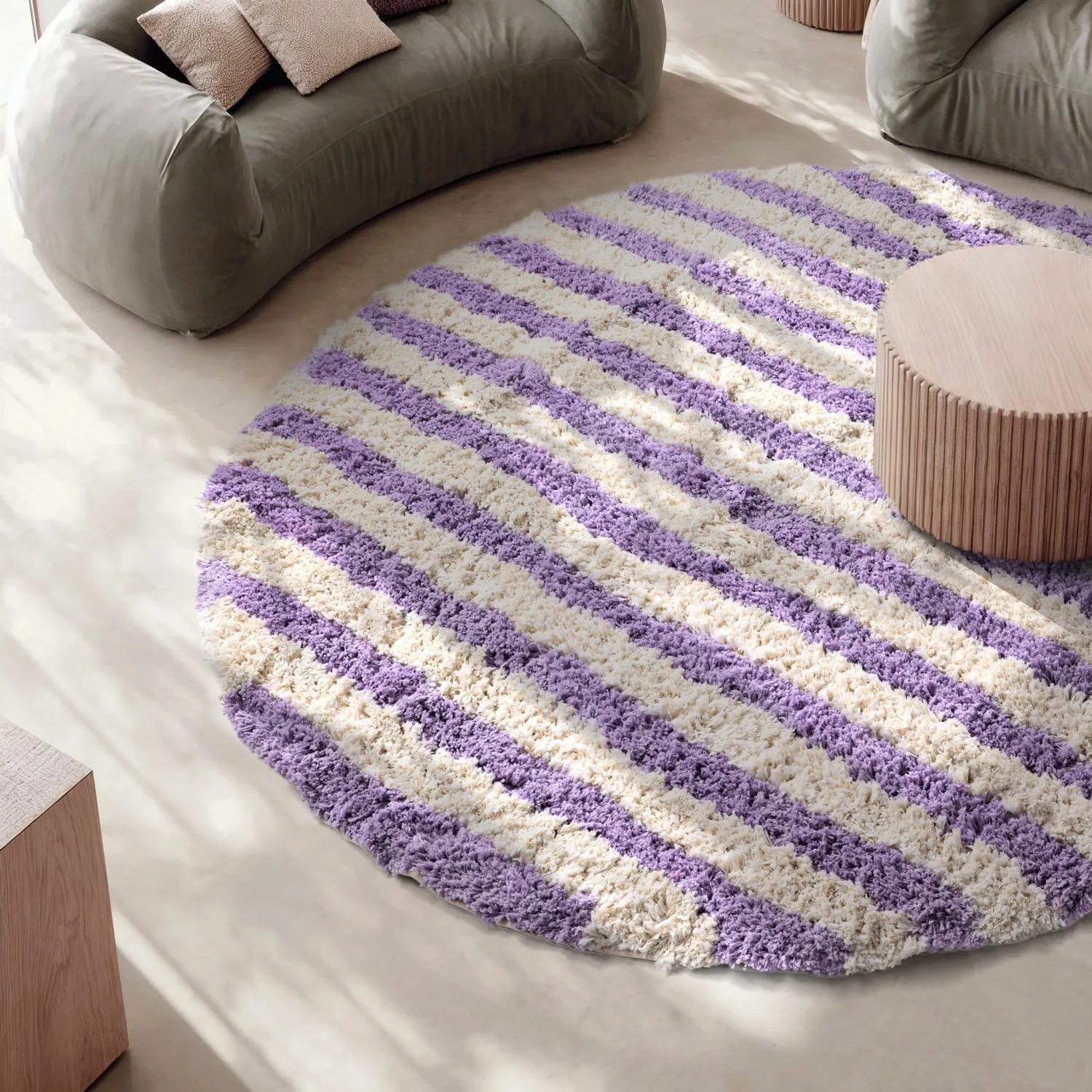 Alfombras redondeadas - Thira Stripe Cotton Shaggy (crema/violeta claro)