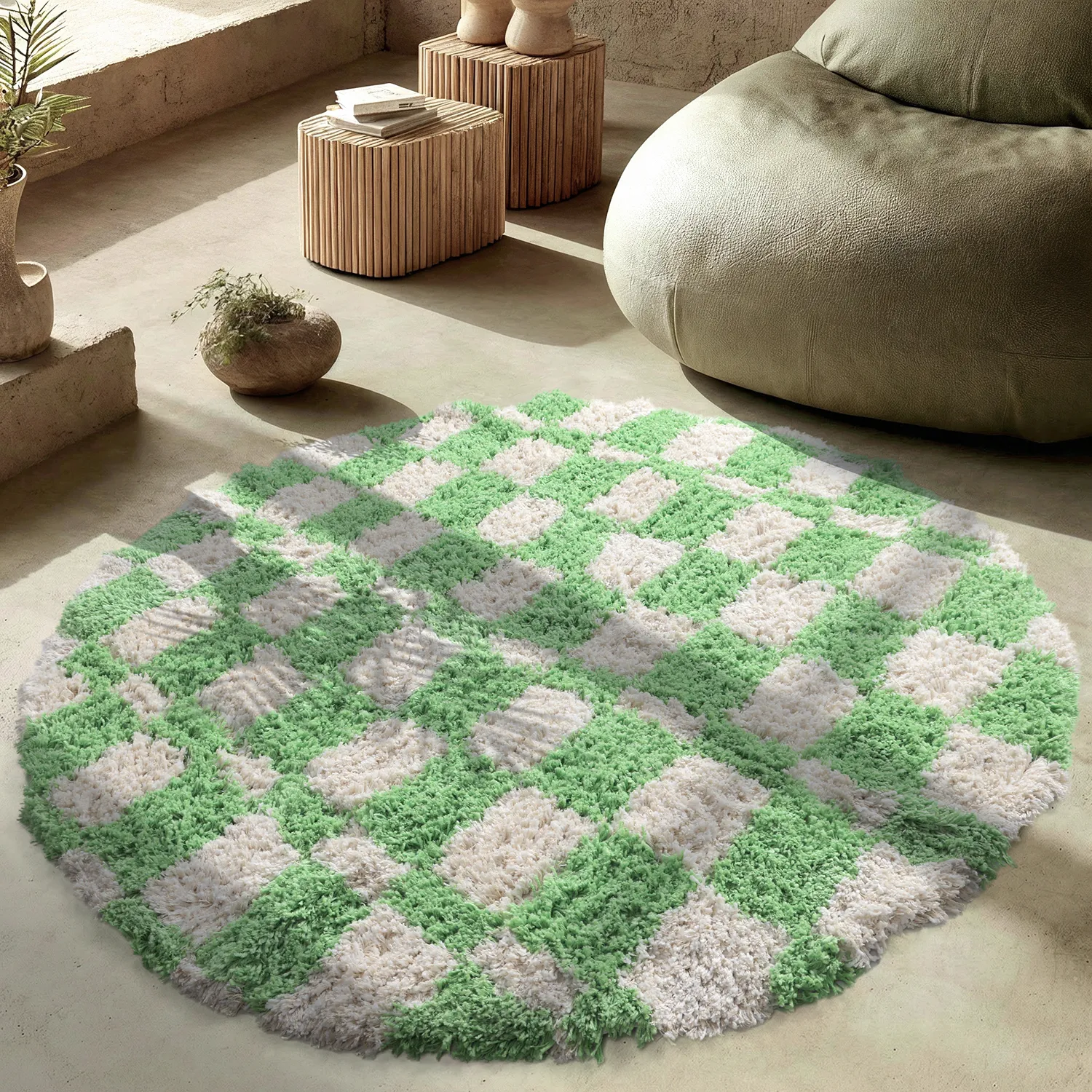 Alfombras redondeadas - Atrani Natural Cotton Shaggy (verde)