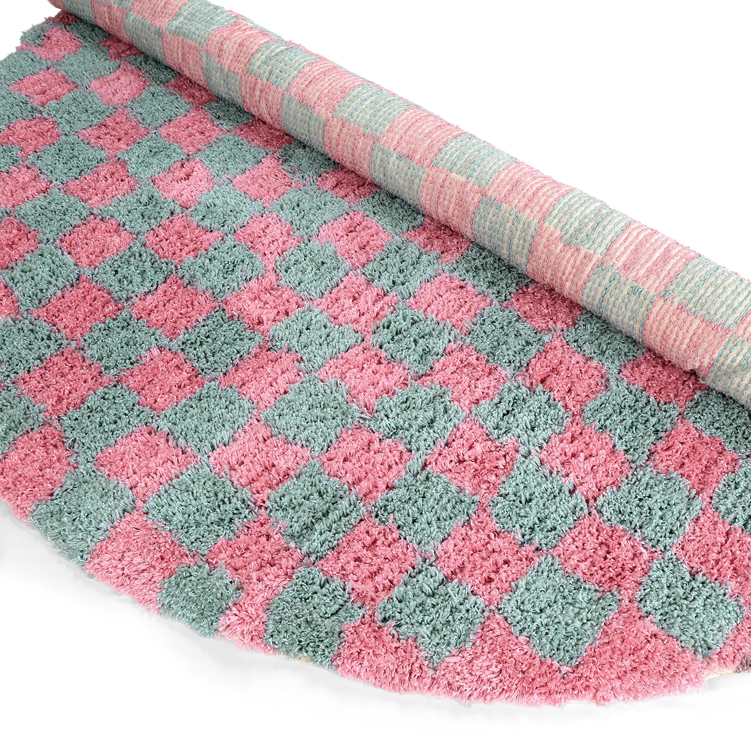 Alfombras redondeadas - Methoni Check Cotton Shaggy (azul claro/rosa claro)