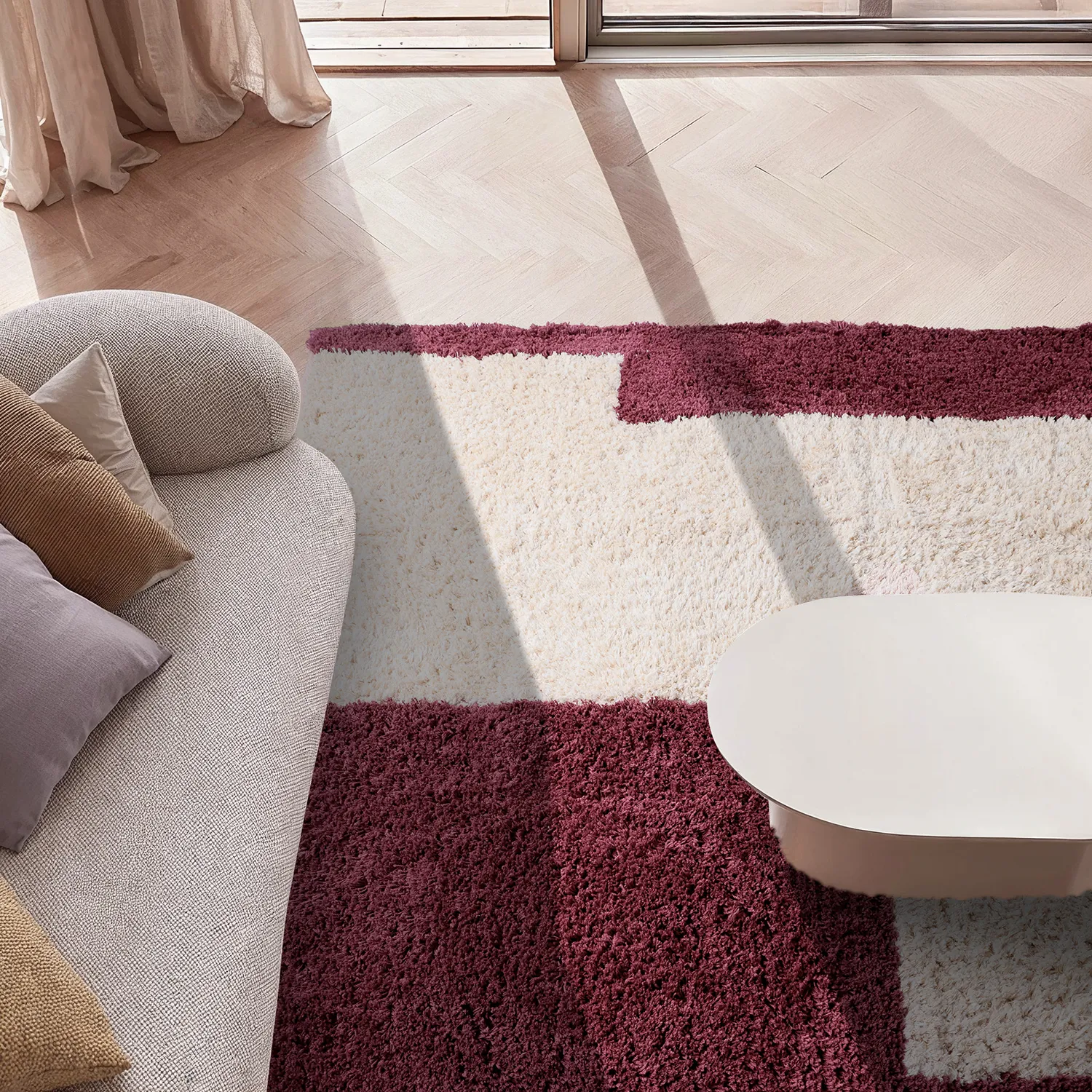 Alfombras de pelo largo - Begur Natural Cotton Shaggy (blanco roto/burdeos)