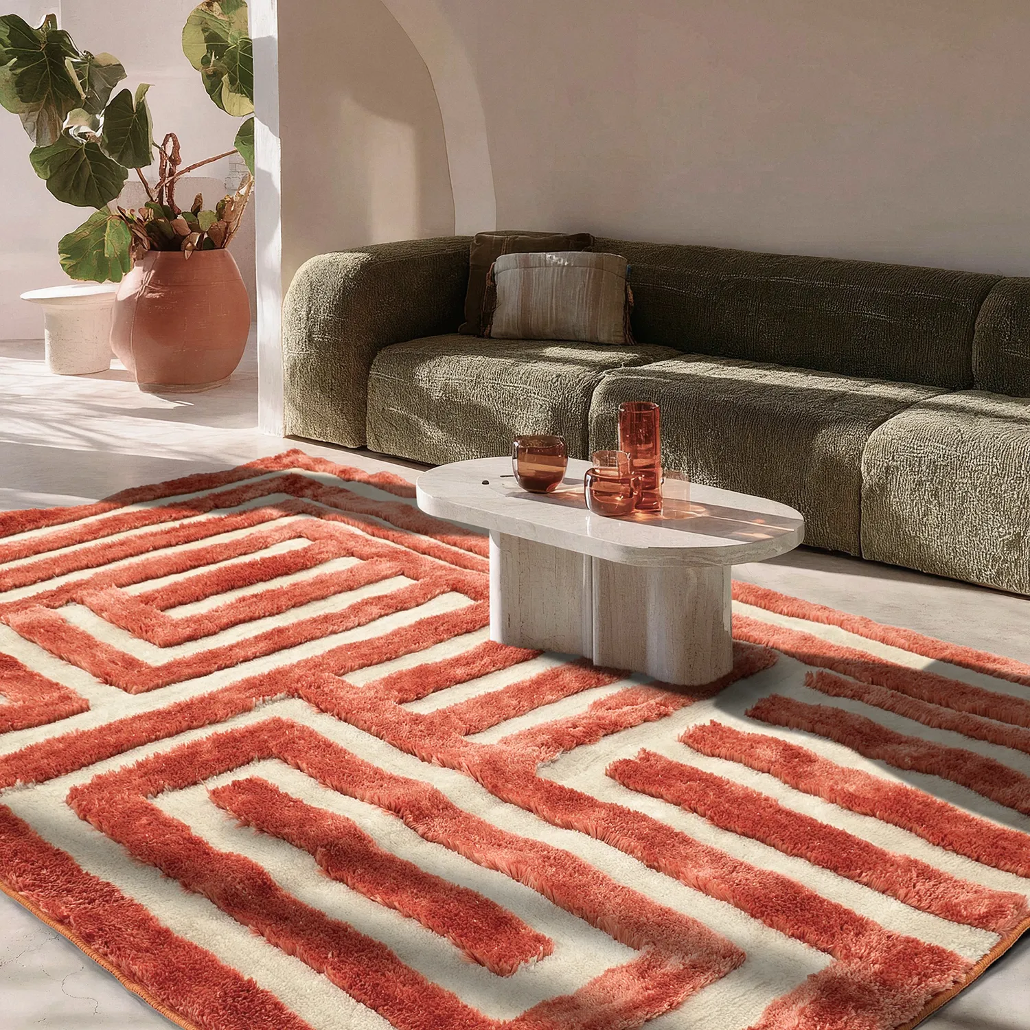 Alfombras de pelo largo - Karbala (crema/rojo)