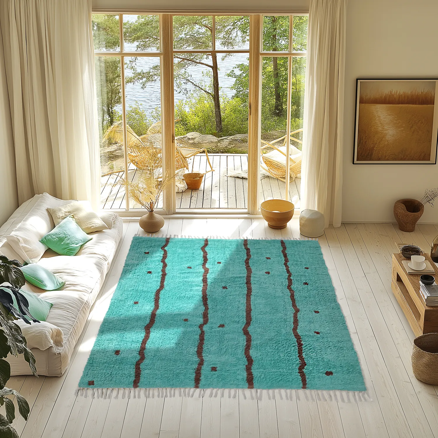 Alfombras de pelo largo - Leora Natural Cotton Shaggy (turquesa/marrón)