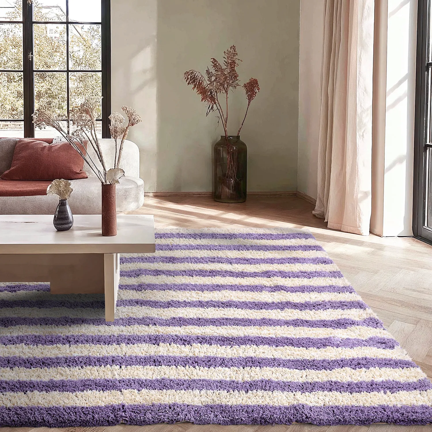 Alfombras de pelo largo - Thira Stripe Cotton Shaggy (crema/violeta claro)