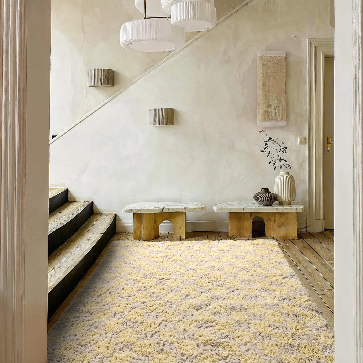 Alfombras de pelo largo - Methoni Check Cotton Shaggy (crema/amarillo claro)