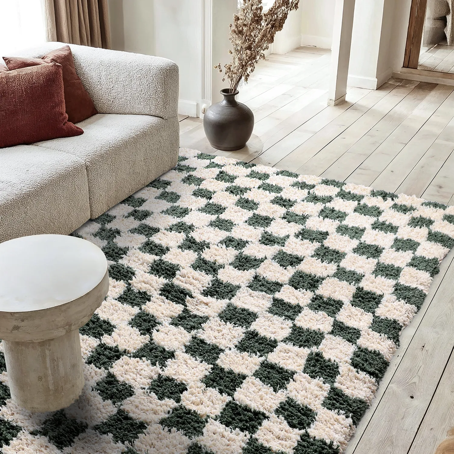 Alfombras de pelo largo - Methoni Check Cotton Shaggy (crema/verde)