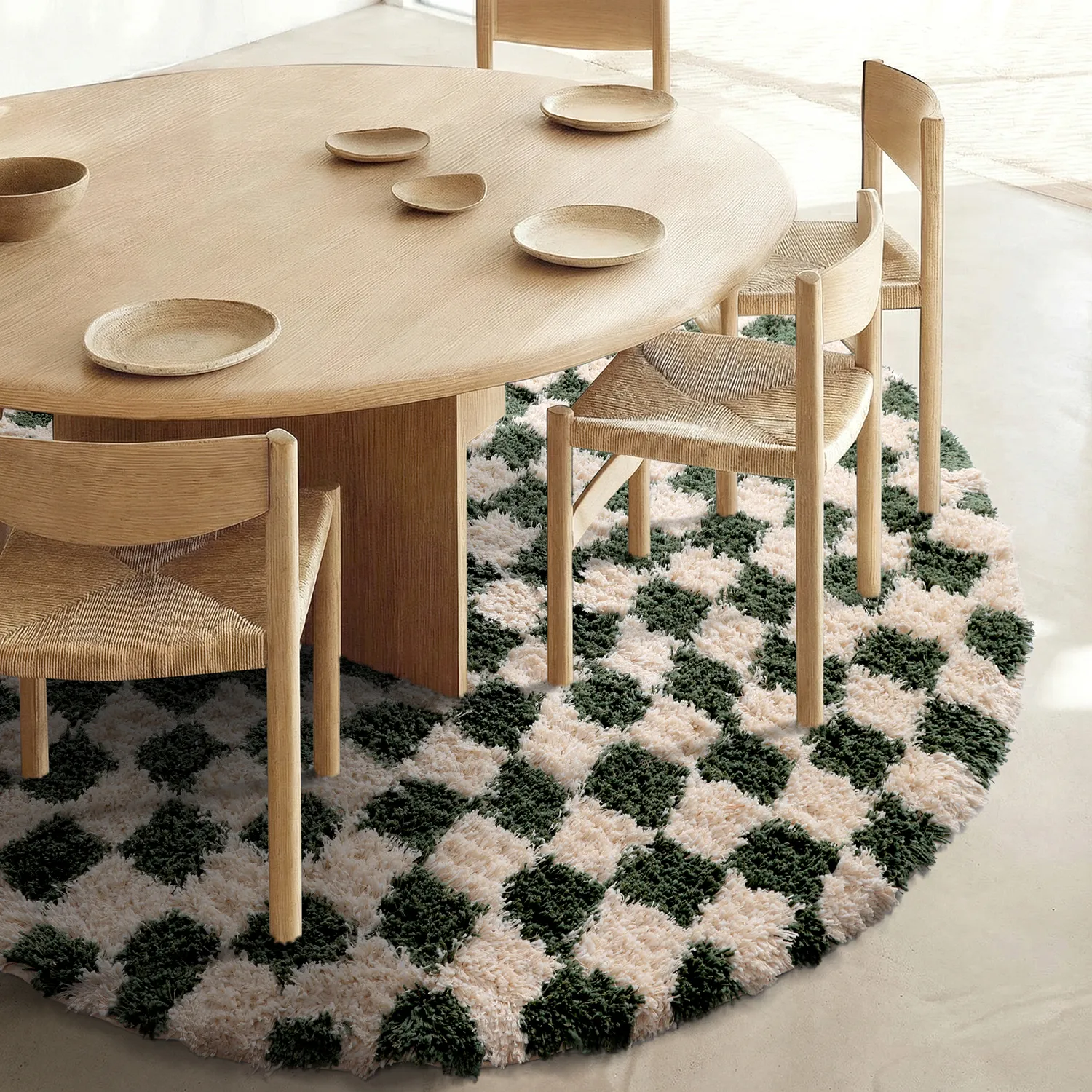 Alfombras redondeadas - Methoni Check Cotton Shaggy (crema/verde)