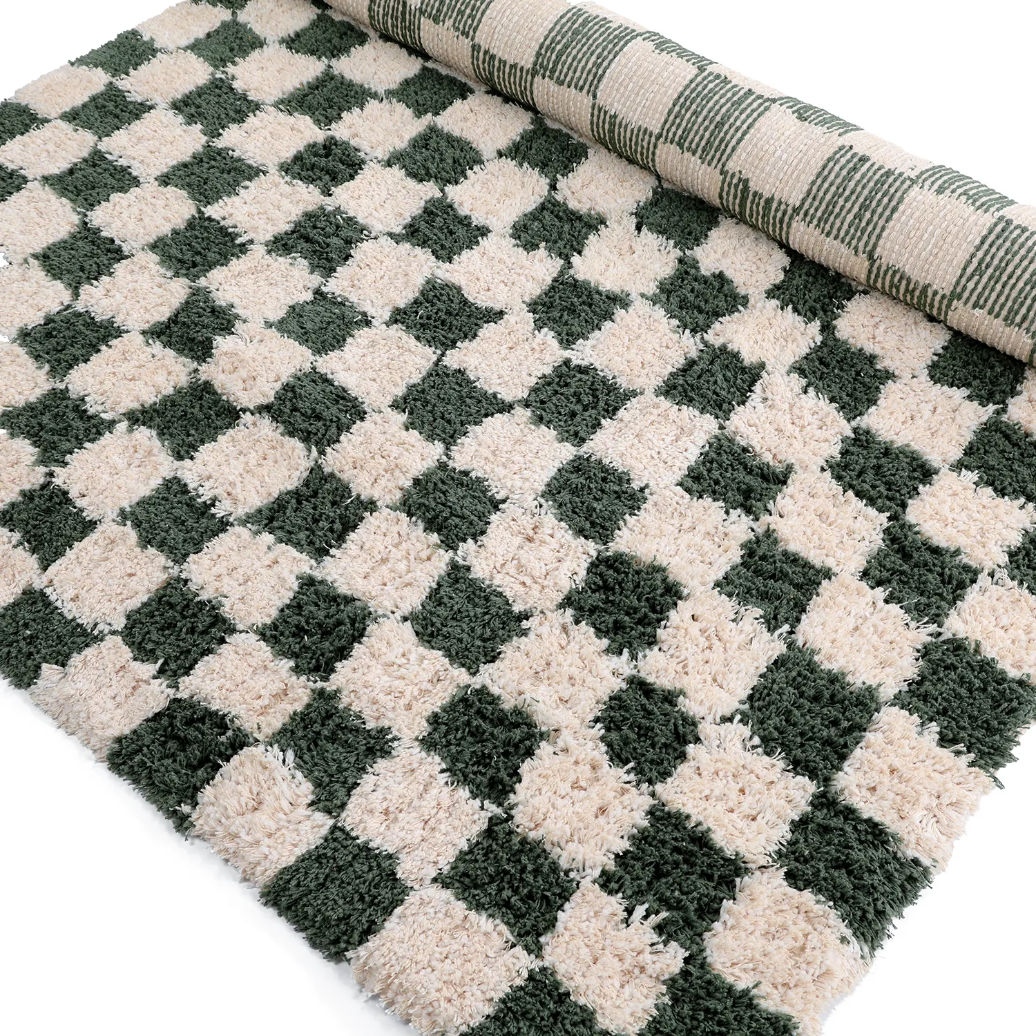 Alfombras de pelo largo - Methoni Check Cotton Shaggy (crema/verde)