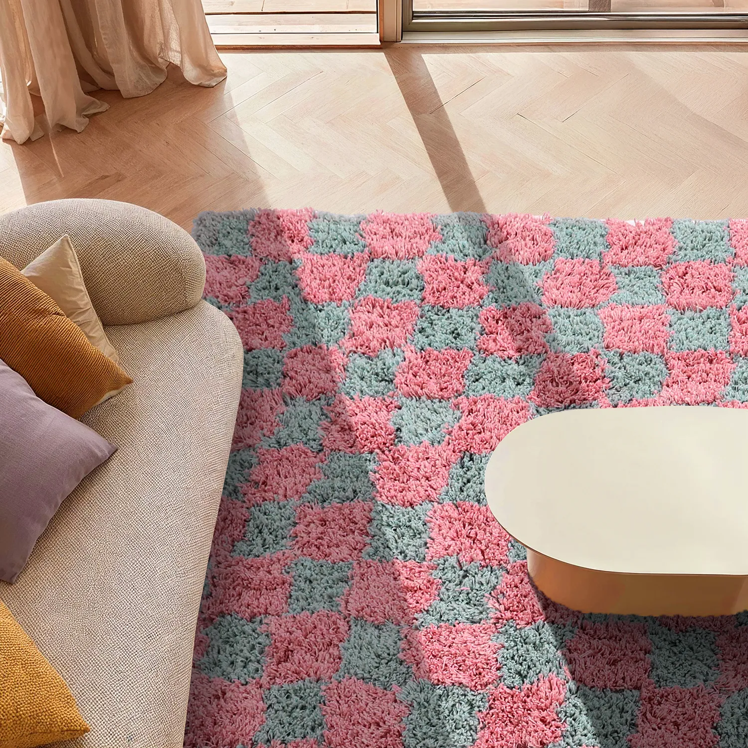Alfombras de pelo largo - Methoni Check Cotton Shaggy (azul claro/rosa claro)