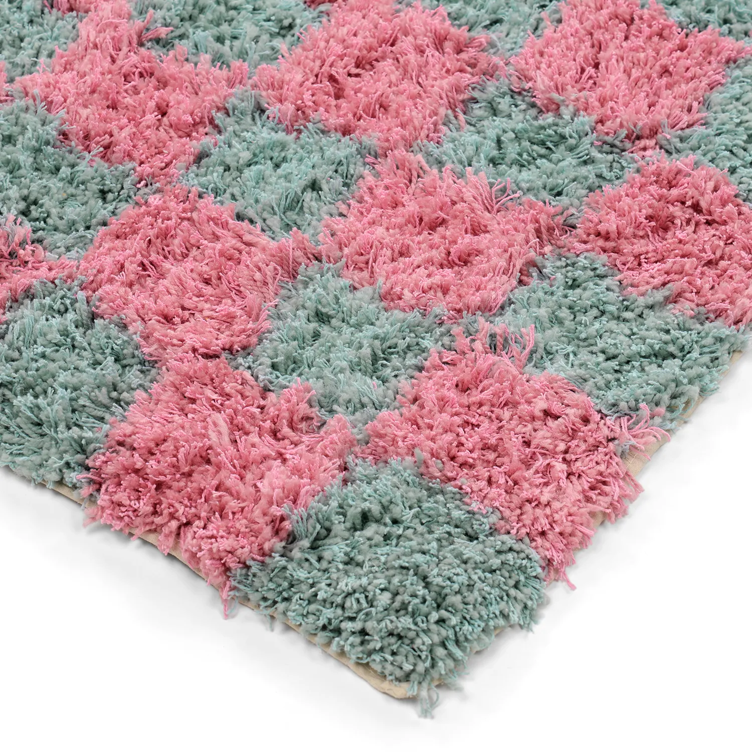 Alfombras de pelo largo - Methoni Check Cotton Shaggy (azul claro/rosa claro)