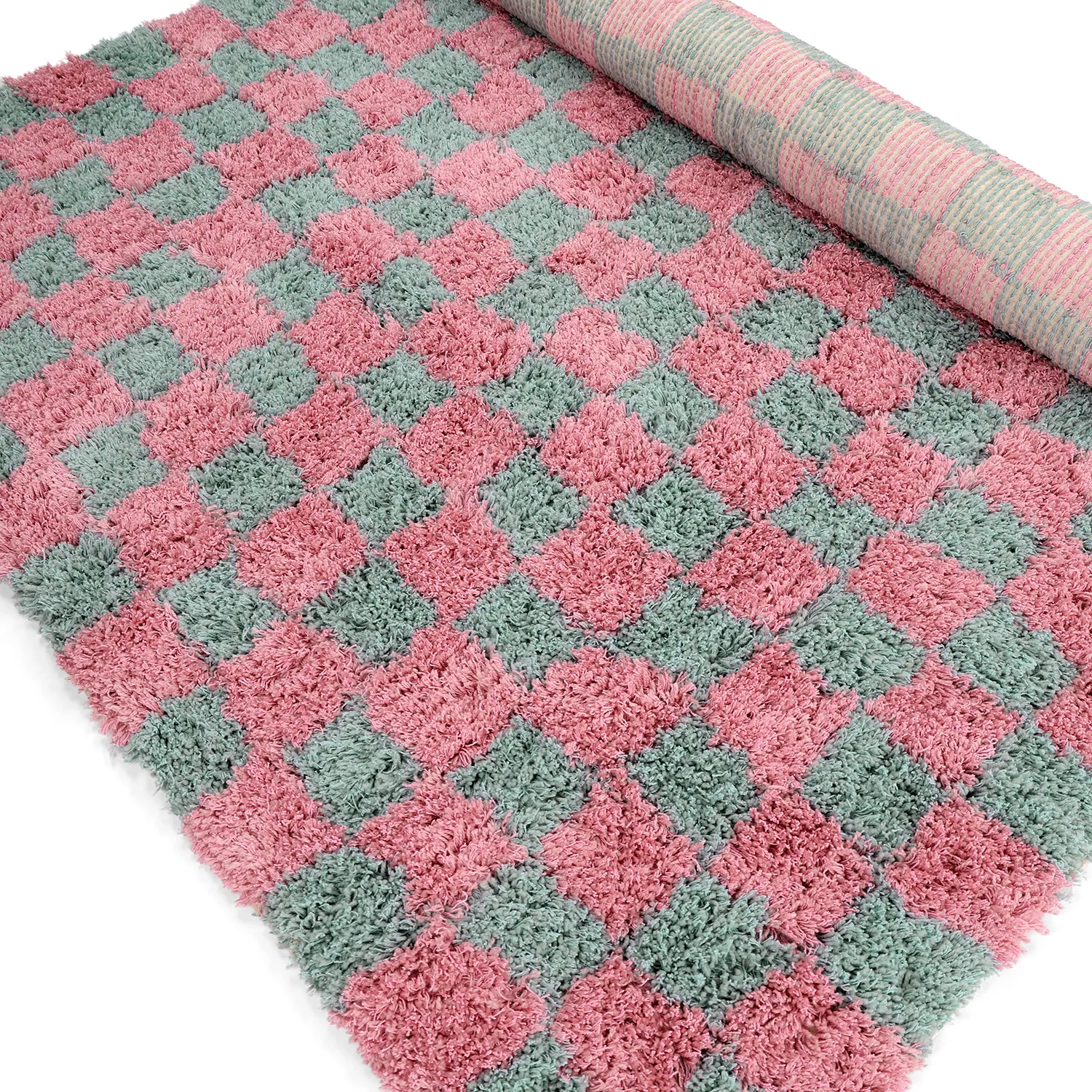 Alfombras de pelo largo - Methoni Check Cotton Shaggy (azul claro/rosa claro)