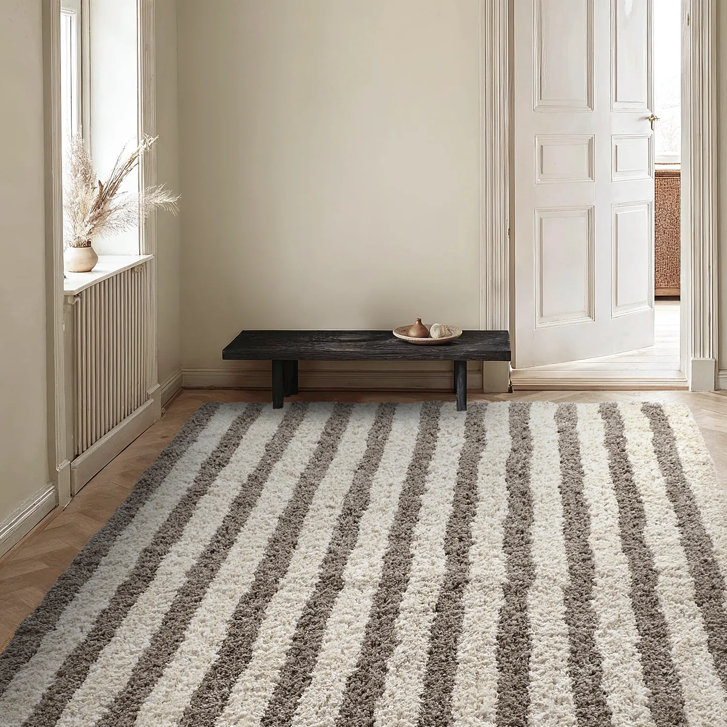 Alfombras de pelo largo - Thira Stripe Cotton Shaggy (crema/taupe)