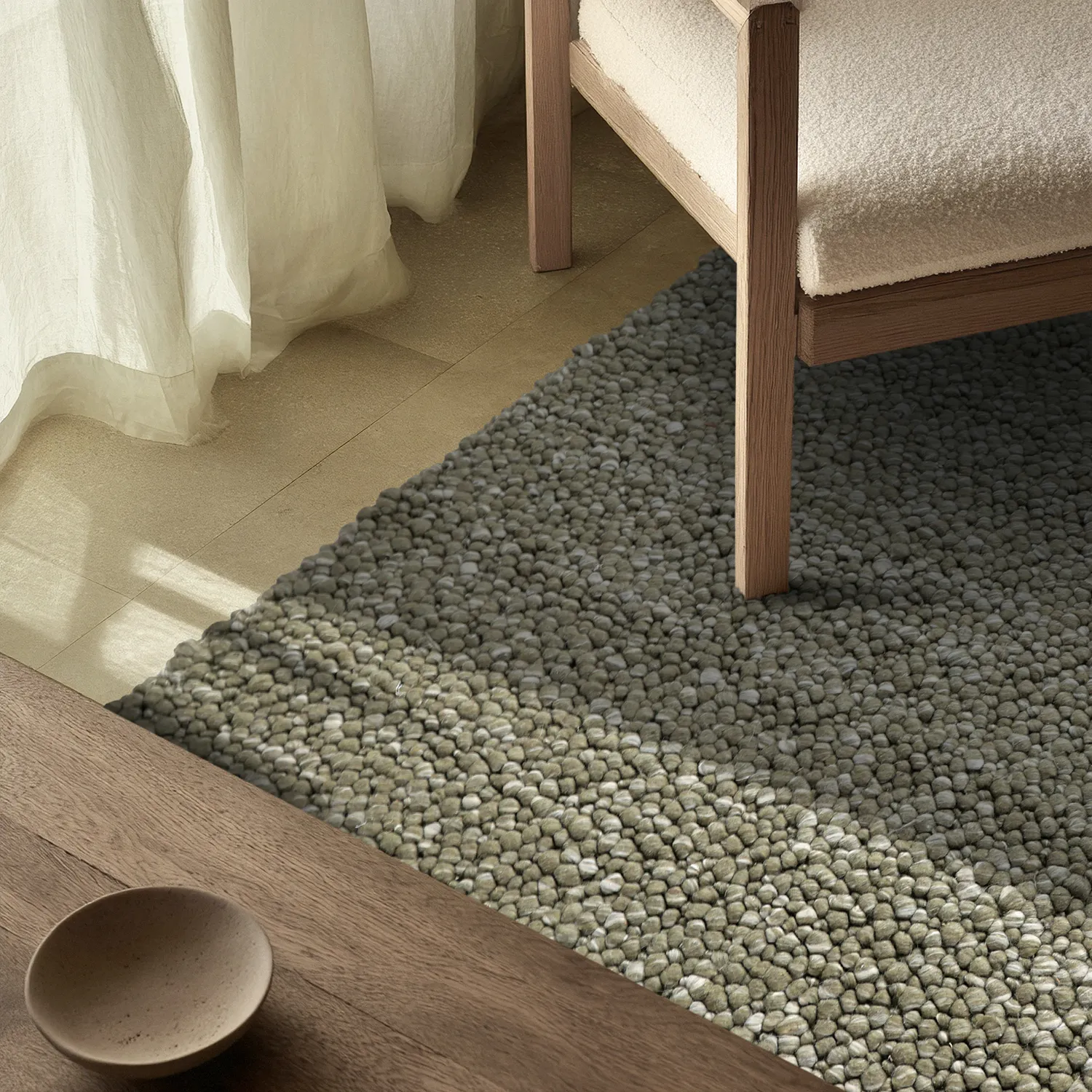 Alfombra de Lana - Sala Irregular Wool Bubble (verde musgo/blanco melange)